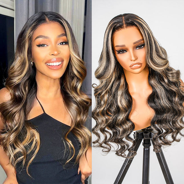 Piano Colored Body Wave Wig Highlights Black Wig With Honey Blonde Lace Wigs junoda