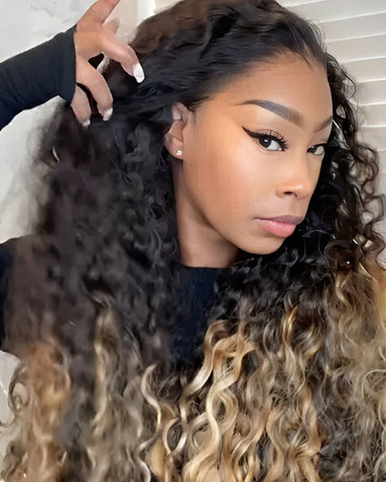 Luxury Customized Ombre Honey Blonde Human Hair Wigs Glueless Deep Wave Transparent Lace Front Wig junoda