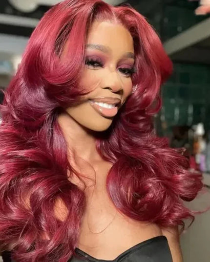 Curtain Bangs 99j Burgundy Body Wave Wig Glueless Pre-Cut Lace Wig junoda