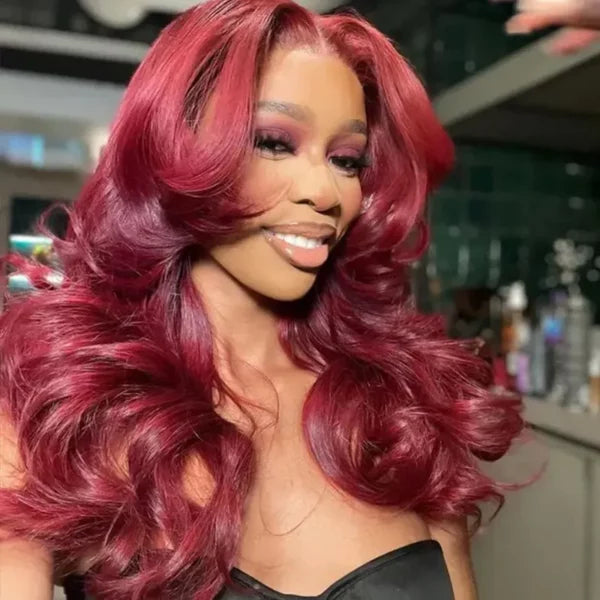 Curtain Bangs 99j Burgundy Body Wave Wig Glueless Pre-Cut Lace Wig junoda