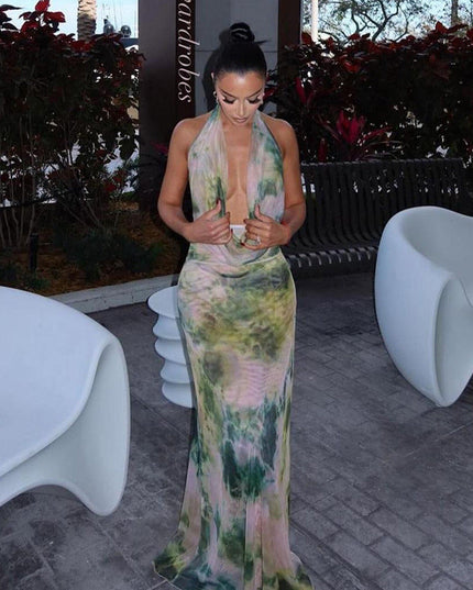 2pcs Tie Dye Printing Deep V-neck Suits Fashion Halter Backless Skirt For Beach Party Womens Clothing