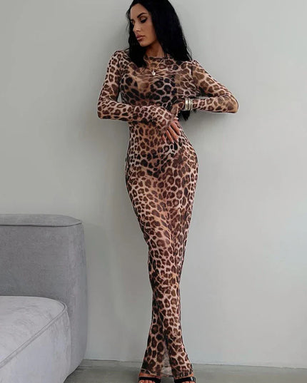 Hugcitar Leopard Print Mesh Long Sleeve Sexy Slim  See Through Maxi Dress Fall Women Fashion Outfits Beach Vacation Club