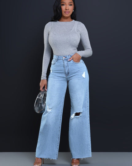 Women's Ripped High Waist Loose Straight Wide Leg Jeans