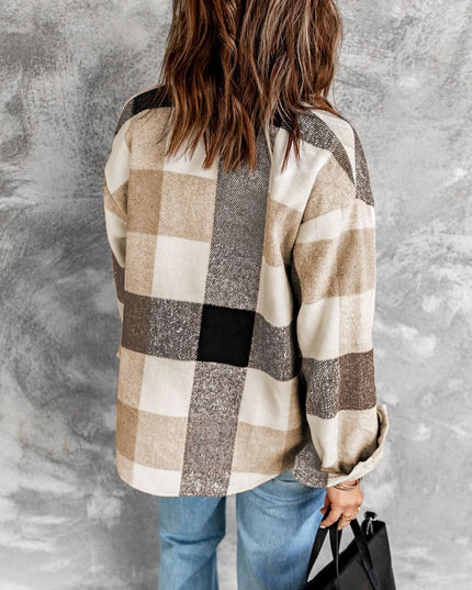 Khaki Plaid Color Block Shacket With Buttoned Pockets