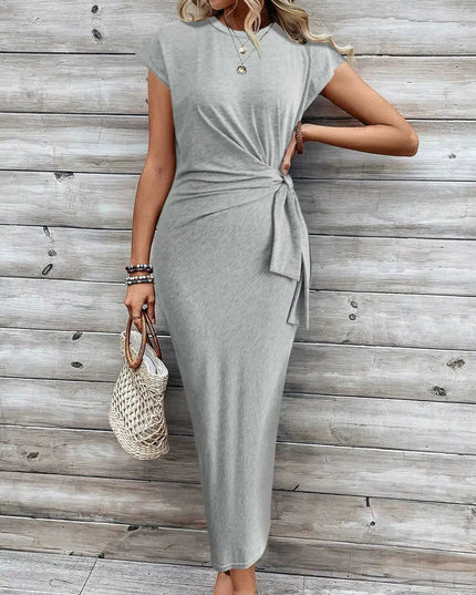 Elegant Waist Strap Striped Round Neck Short Sleeve And Long Pattern Dress