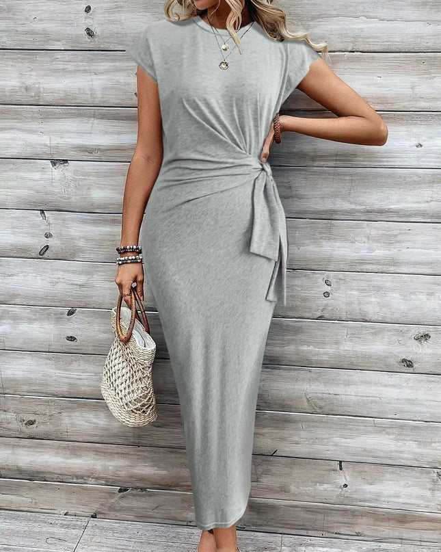 Elegant Waist Strap Striped Round Neck Short Sleeve And Long Pattern Dress