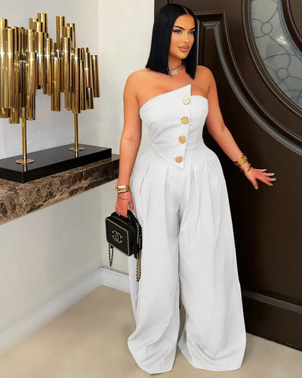 Sexy Tube Top Sleeveless Metal Button Wide Leg Jumpsuit