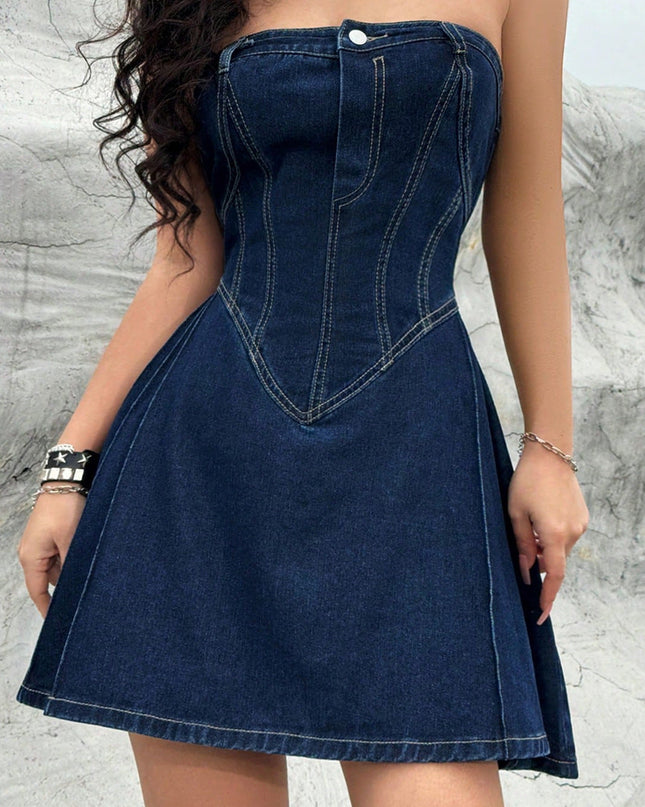 Women's Summer Off-shoulder Low Collar Sexy Fishbone Waist Tight Denim Dress Strapless Sexy Dress Trend Skinny Hipster Party Clubwear Y2K Bodycon