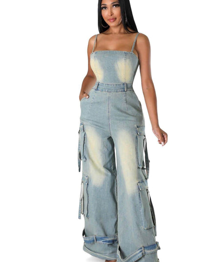 Dirty Wash Denim Jean Cargo Jumpsuit