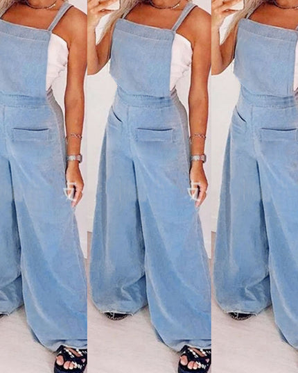 Women’s Crew Neck Sleeveless Wide-Leg Denim Jumpsuit