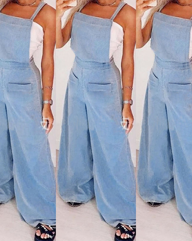 Women’s Crew Neck Sleeveless Wide-Leg Denim Jumpsuit FitiqueFit