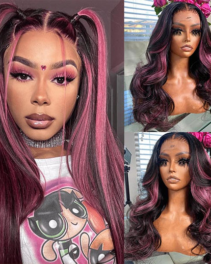 Junoda Highlight Mulberry Purple Red Balayage Human Hair Body Wave/Straight 13x4 Lace Front Wig junoda