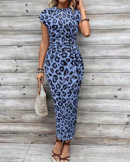 Elegant Waist Strap Striped Round Neck Short Sleeve And Long Pattern Dress