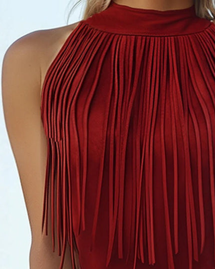 Red Tassel Halter Sleeveless Womens Tank Top