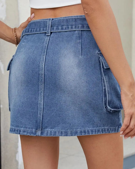 Criss-Cross Waist Pocketed Denim Mini Skirt