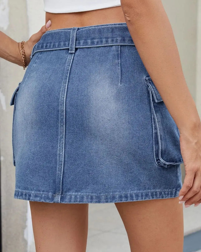 Criss-Cross Waist Pocketed Denim Mini Skirt