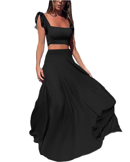 Solid color long skirt two-piece set