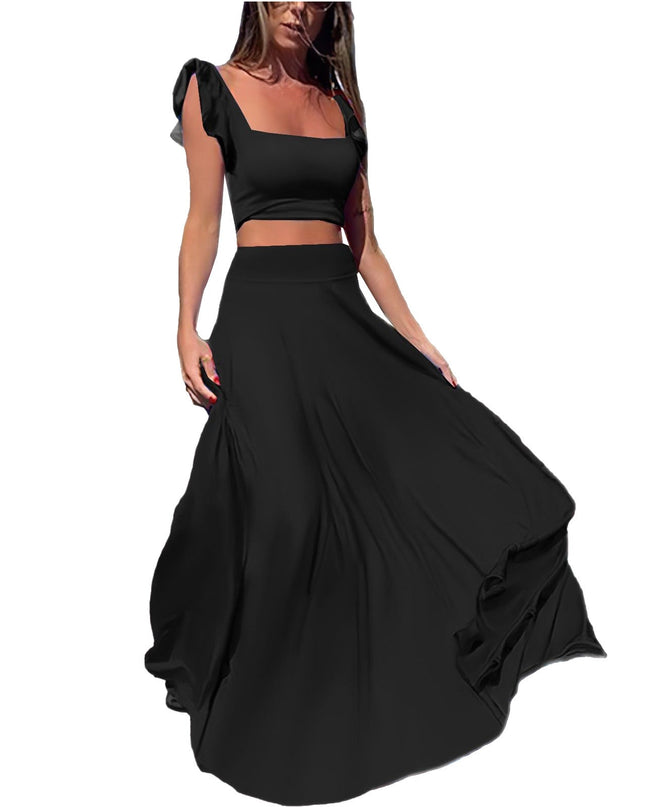 Solid color long skirt two-piece set