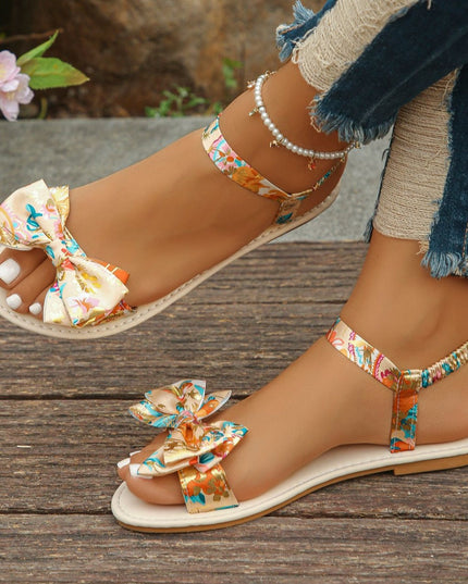 Floral Bowknot Ankle Strap Flat Sandals Shopimist
