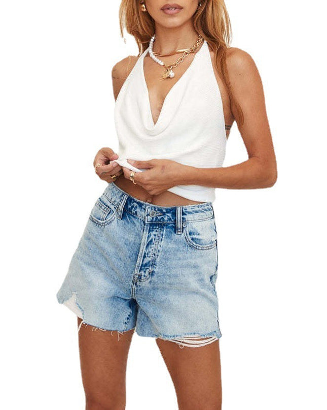 Handmade Ripped Washed Casual Mid-waist Denim Shorts For Women