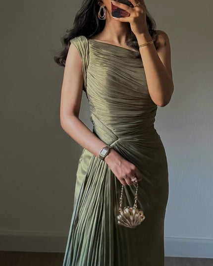 Pleated Ribbon Shiny Evening Dress