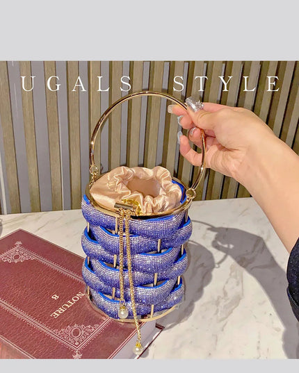 Woven Rhinestone Bucket Bag Woven Clutch Bags Women Boutique Multicolor Crystal Hollow Out Metal Purses And Handbags Wedding