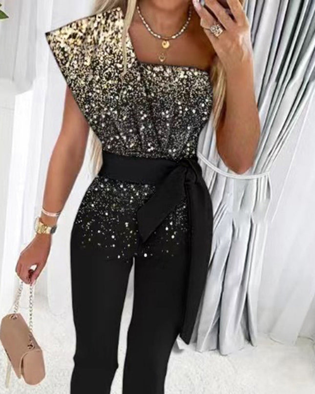 Fashionable SummerPrinted Solid Color Sleeveless Belted Jumpsuit with Beaded Embellishment, Fitted Patchwork Women's Clothing Get DreSsT with Elise LLC