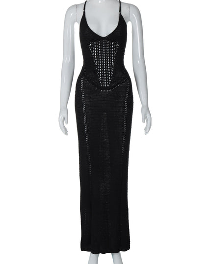 Fashionable and sexy backless strapless hollow knitted dress