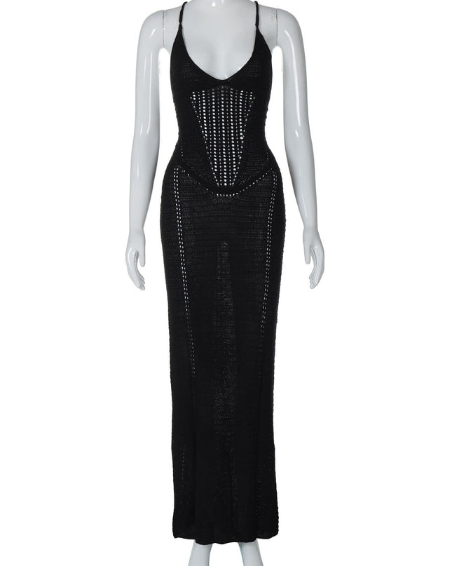 Fashionable and sexy backless strapless hollow knitted dress