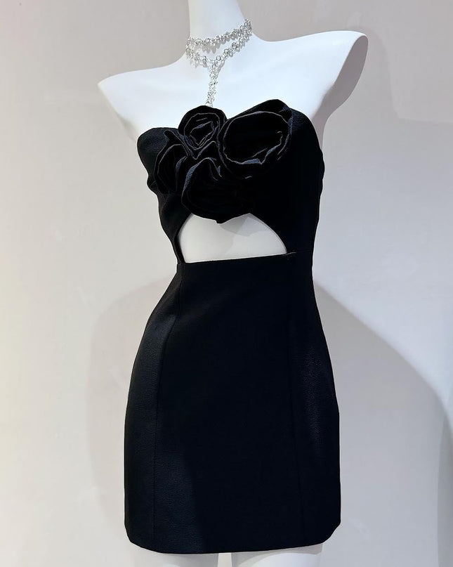 3D Floral Embellished Sexy Strapless Backless Mini Dress - Black | ZAKAPOP