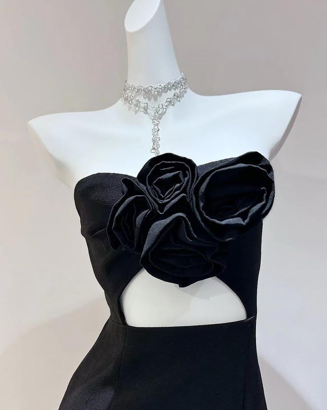 3D Floral Embellished Sexy Strapless Backless Mini Dress - Black | ZAKAPOP