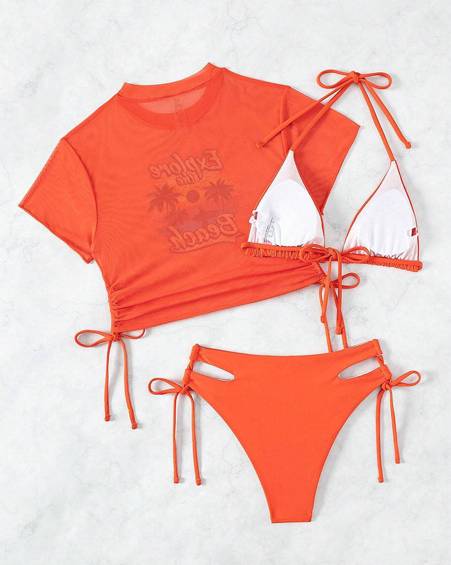3 Pieces Women's Beach Scenery Letter Print Swimsuit | ZAKAPOP