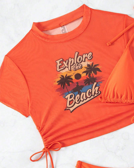 3 Pieces Women's Beach Scenery Letter Print Swimsuit | ZAKAPOP