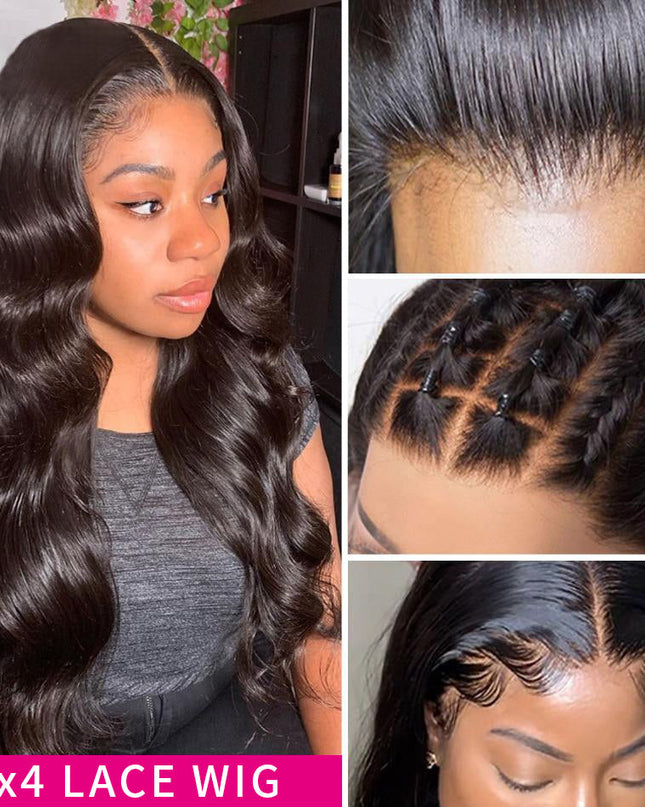 Body Wave 4x4 Lace Closure Wigs Peruvian Hair Natural Hairline junoda