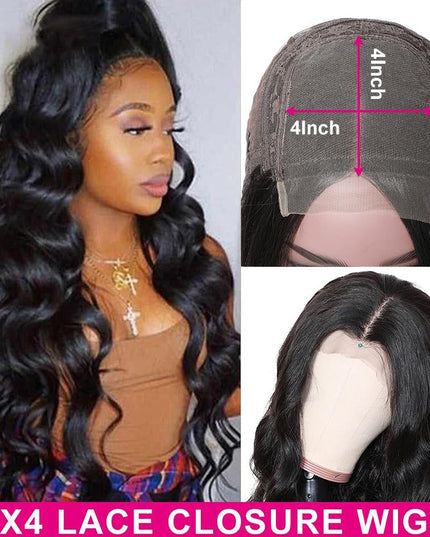 Body Wave 4x4 Lace Closure Wigs Peruvian Hair Natural Hairline junoda