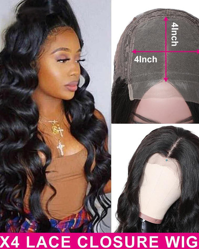 Body Wave 4x4 Lace Closure Wigs Peruvian Hair Natural Hairline junoda