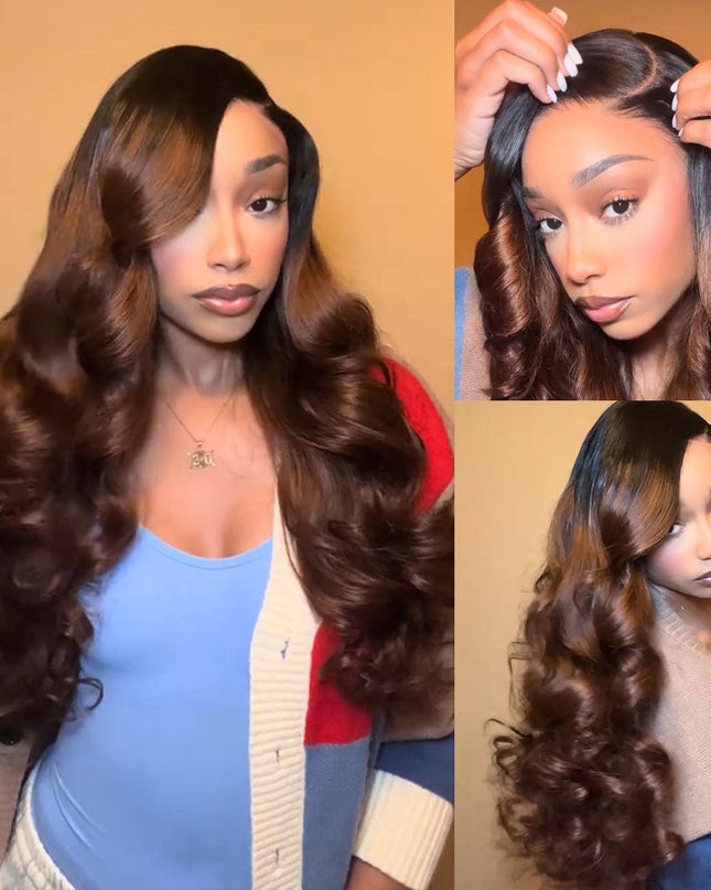 Ombre Brown With Dark Roots Loose Wave Layered Cut C-Side Part Glueless Wig 5x5 Pre-Cut Lace Human Hair Wig junoda