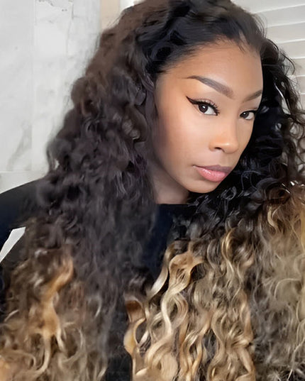 Luxury Customized Ombre Honey Blonde Human Hair Wigs Glueless Deep Wave Transparent Lace Front Wig junoda