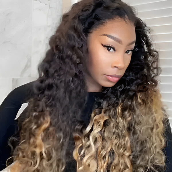 Luxury Customized Ombre Honey Blonde Human Hair Wigs Glueless Deep Wave Transparent Lace Front Wig junoda