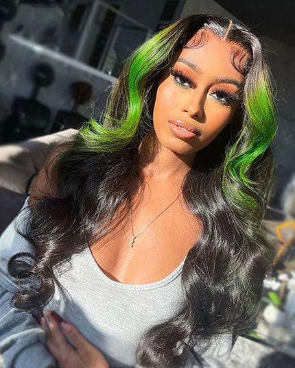 Color Green Skunk Stripe Hair Body Wave Human Hair 4x4 Lace Front Wigs Fast Shipping junoda