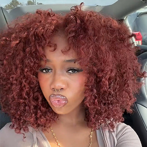 Colored Burmese Ready-to-Wear Lace Wig with Reddish Brown Premium Human Hair with Full Spiral junoda