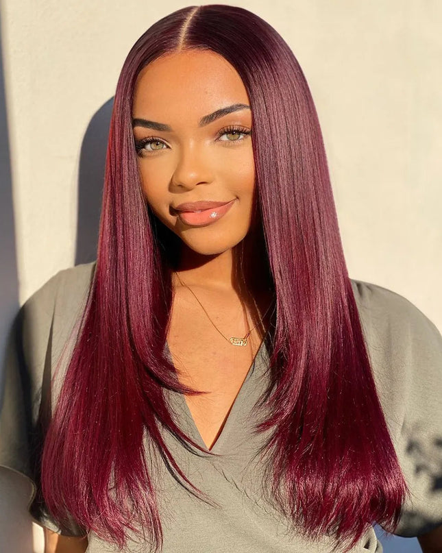 Layered Cut Straight Wig 99j Glueless Lace Human Hair Wig Salone Quality junoda
