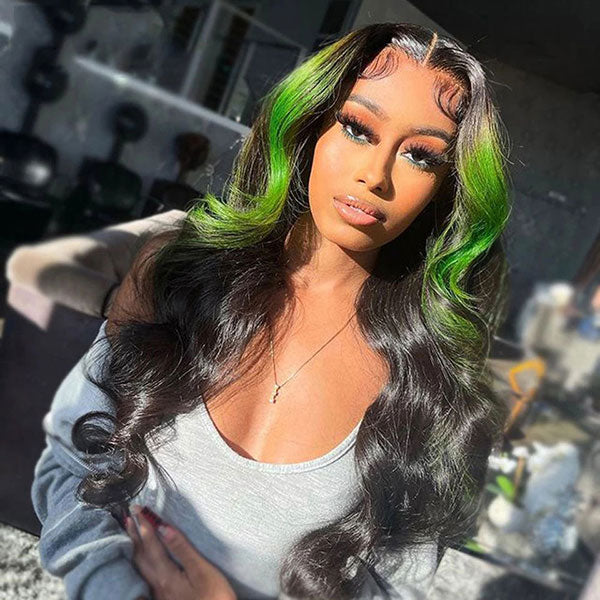 omgjackiee Recommend Color Green Skunk Stripe Hair Body Wave Human Hair Lace Front Wigs 180 Density junoda