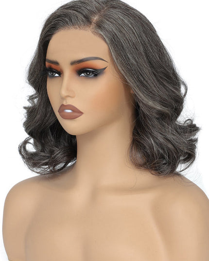 Junoda Silver Grey Salt and Pepper Loose Body Wave Bob Wig Blunt Cut Short Bob Human Hair Pre Cut Lace Wigs junoda