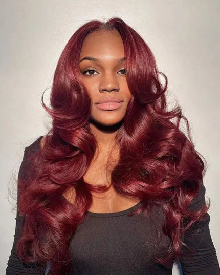 Curtain Bangs 99j Burgundy Body Wave Wig Glueless Pre-Cut Lace Wig junoda
