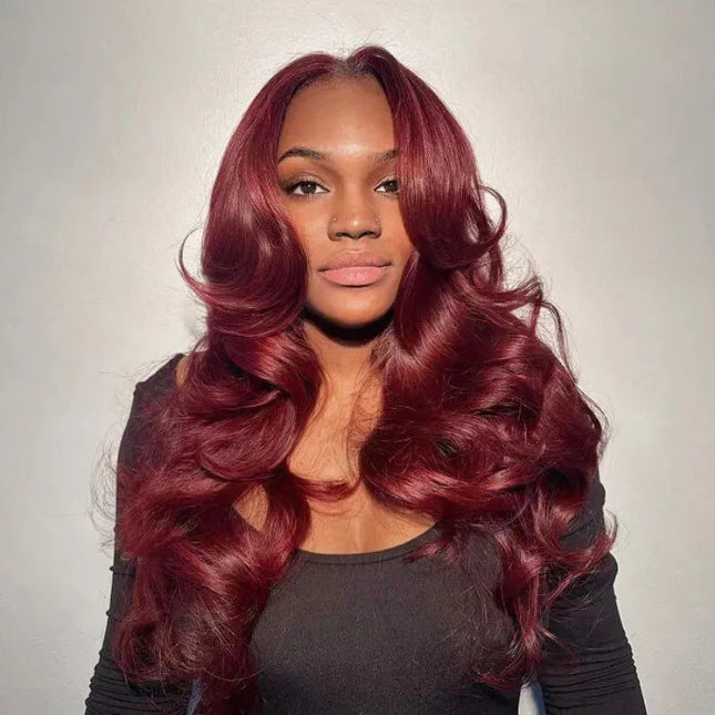 Curtain Bangs 99j Burgundy Body Wave Wig Glueless Pre-Cut Lace Wig junoda