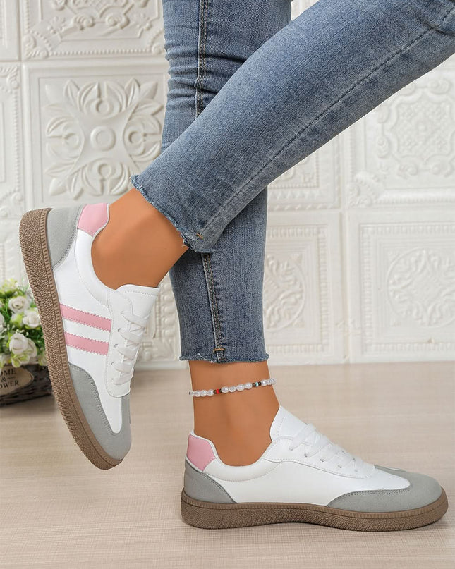 Pink Striped Patchwork Lace Up Sneakers PU Leather
