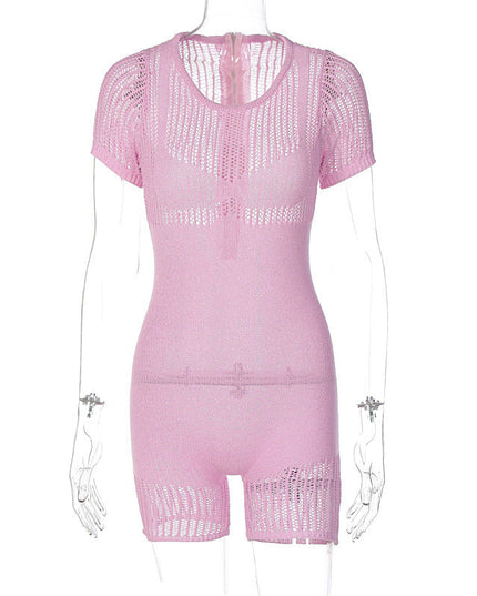 Women's Zipper Hollow-out Tight Hip Lifting Knitted Short Romper