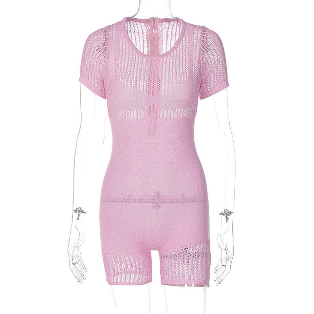 Women's Zipper Hollow-out Tight Hip Lifting Knitted Short Romper