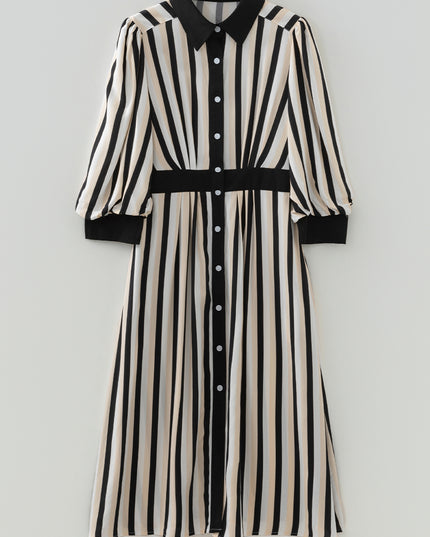 Black Stripe 3/4 Puff Sleeve Shirt Style Button Down Midi Dress
